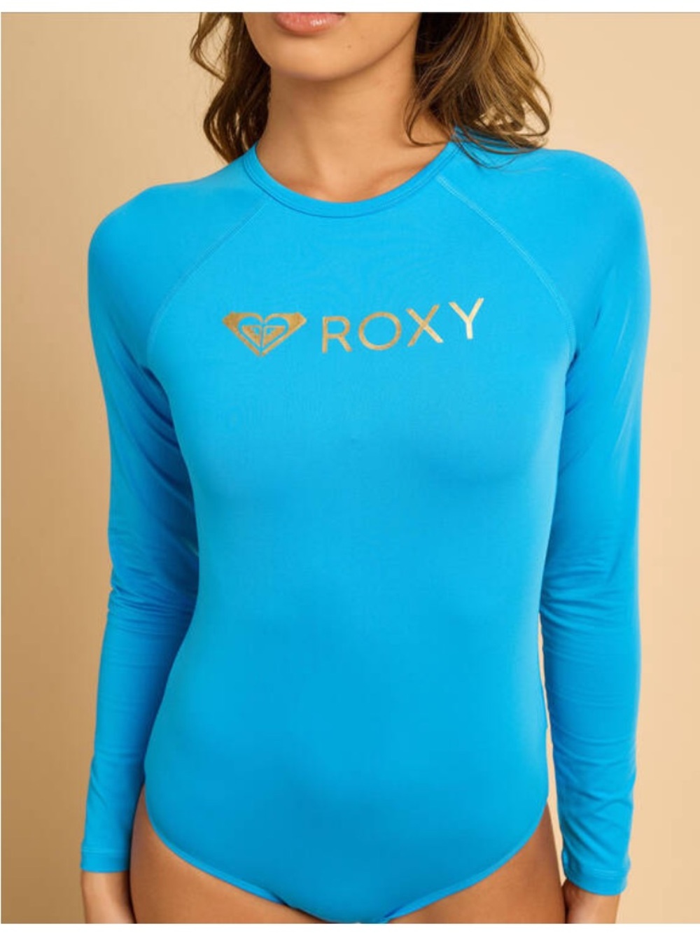 Roxy Long Sleeve Bodysuit in Bright Blue with Gold Logo